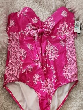 Athena Hot Pink Floral One-Piece Swimsuit with Front Bow. Size 16. NWT
